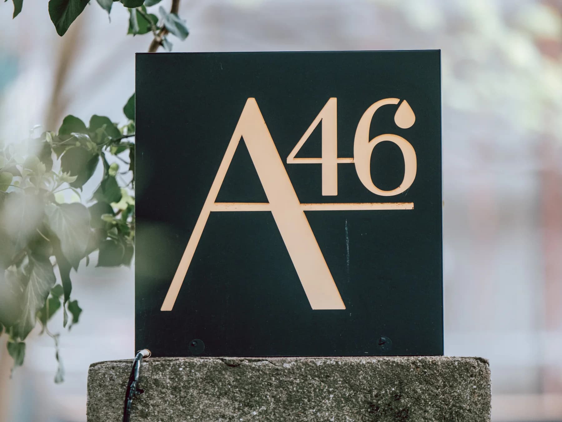 Sigla restaurantului A46 încadrată de verdeața grădinii
