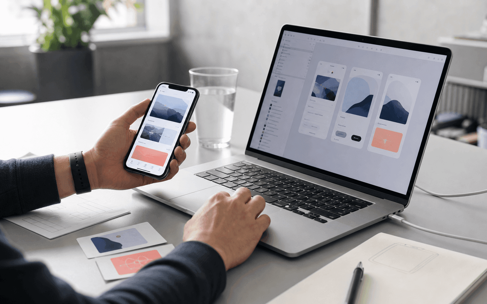 Developer testing an iOS interface on an iPhone beside a MacBook