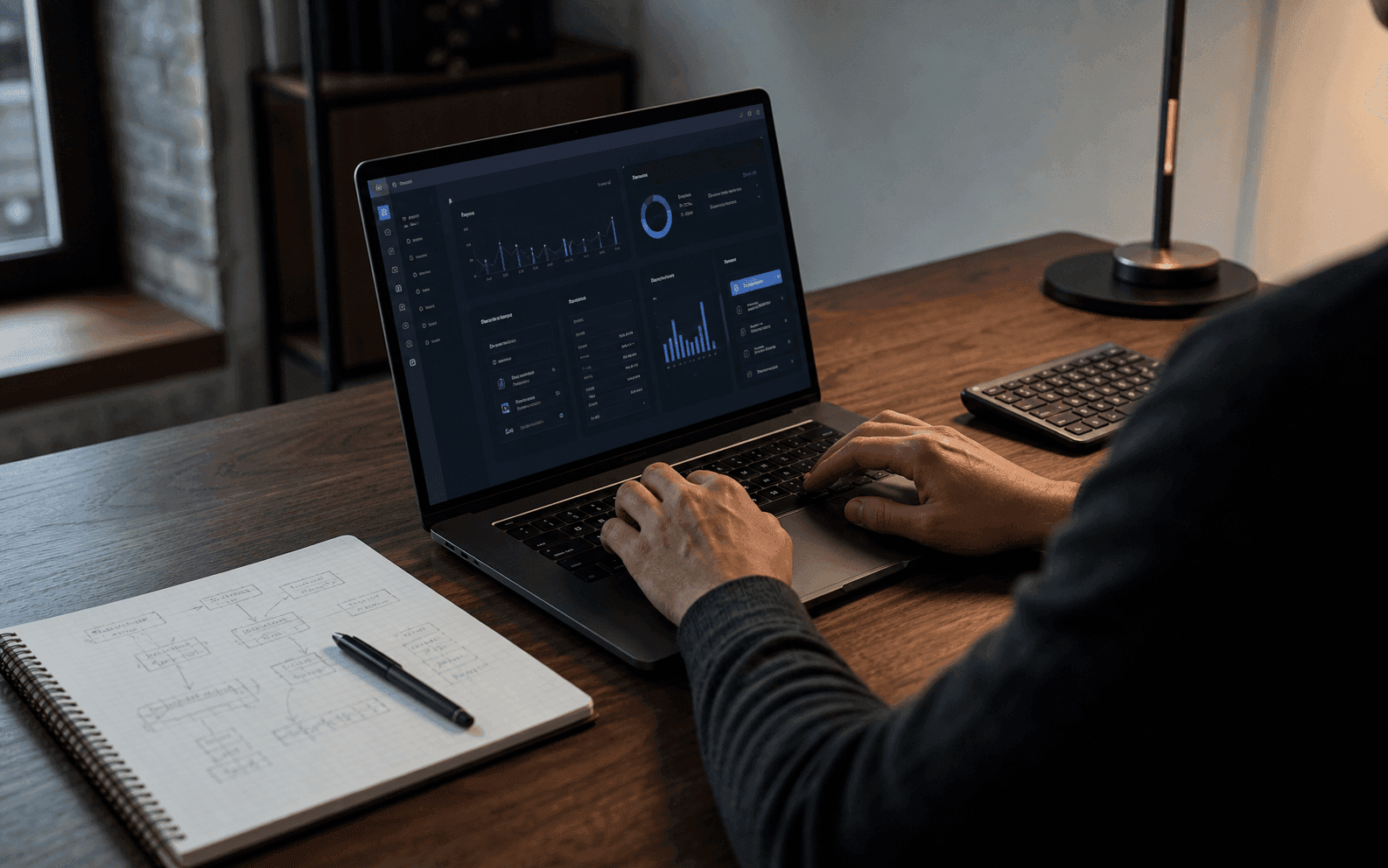 Dezvoltator lucrând la un dashboard de aplicație web pe un MacBook
