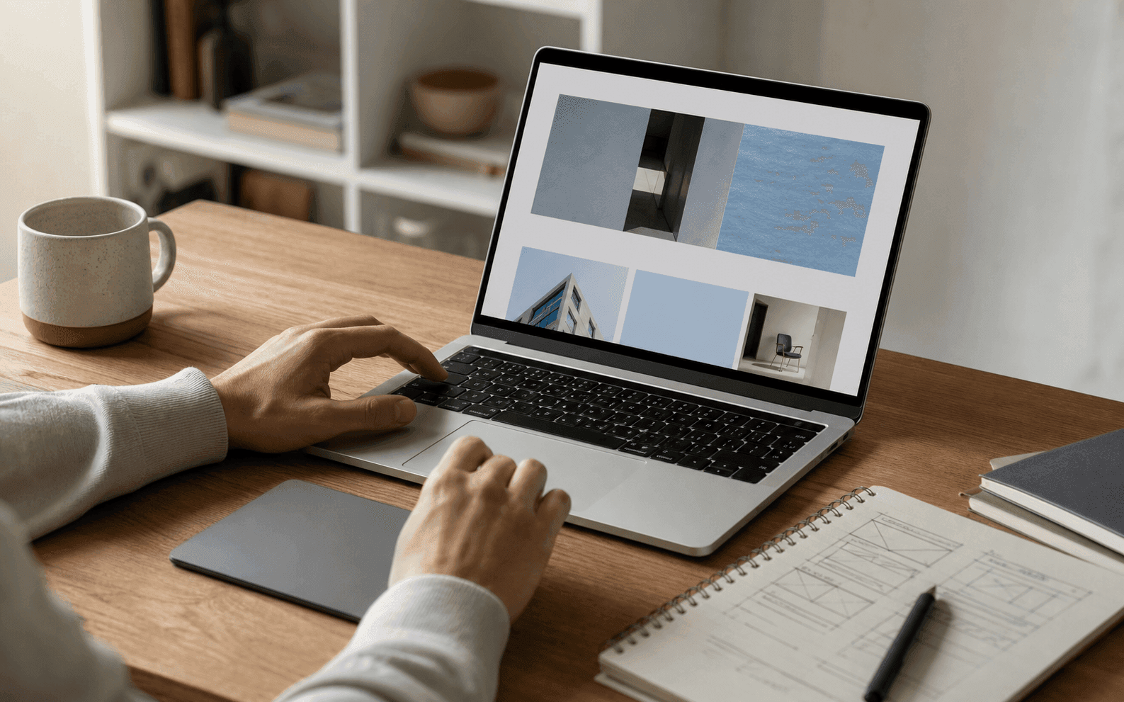Designer working on a website layout on a MacBook in a bright studio