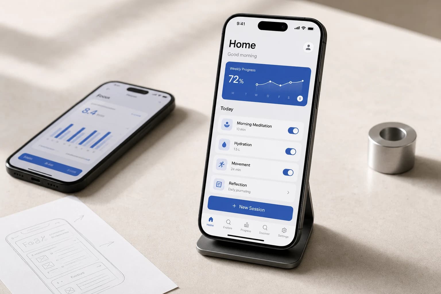 Aplicație iOS nativă afișată pe două iPhone-uri lângă o schiță de interacțiune
