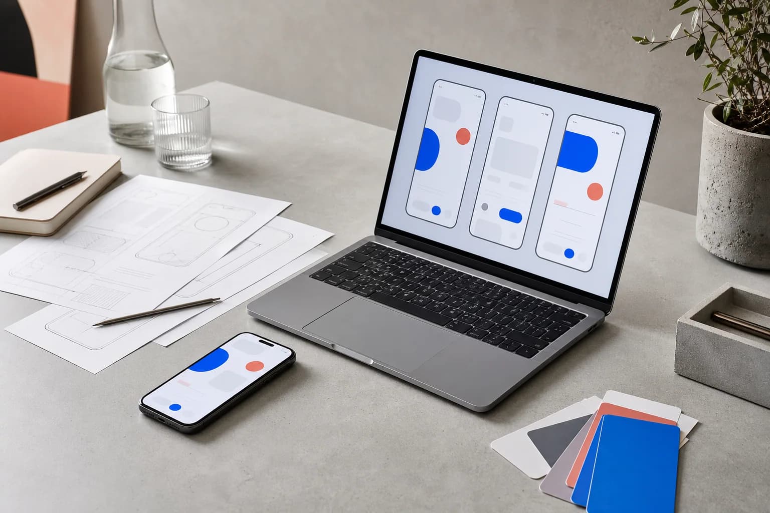 Spațiu de design pentru aplicație mobilă nativă, cu telefon, laptop și schițe de interacțiune