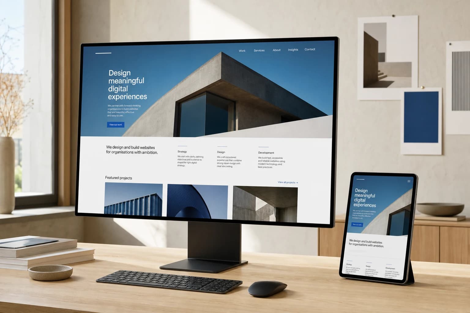 Site editorial adaptabil afișat pe un monitor de birou și o tabletă într-un studio luminos