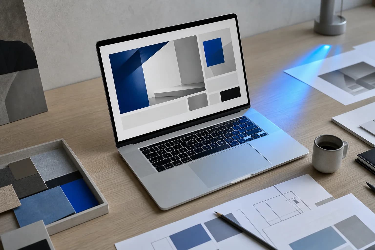 Spațiu de lucru pentru arhitectura unui site, cu laptop, schițe și mostre de materiale