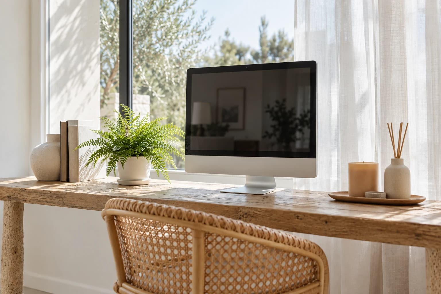 Studio luminos de design, cu un birou și un computer