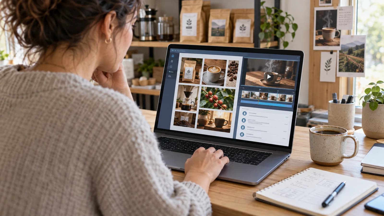 Antreprenor care verifică imagini de marketing, schița unui videoclip scurt și cereri de la clienți pe un laptop, la un birou ordonat