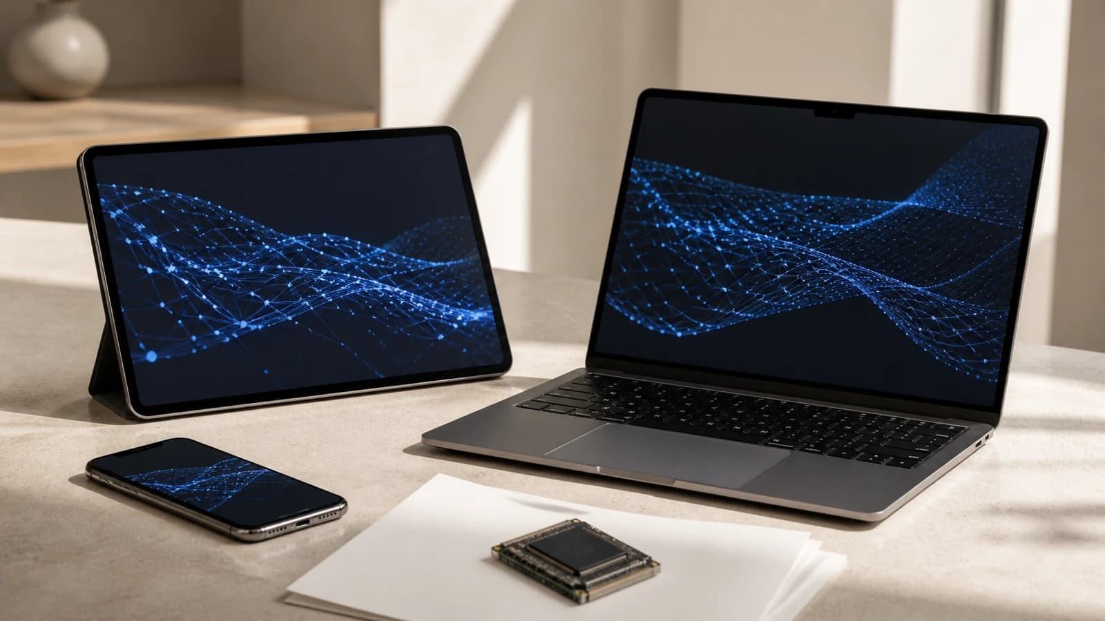Phone, tablet and laptop running the same blue neural model beside a compact silicon module on a sunlit desk