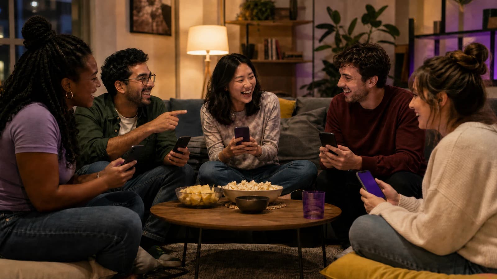 Friends laughing and comparing private answers while playing Impostor on their phones in a warm living room