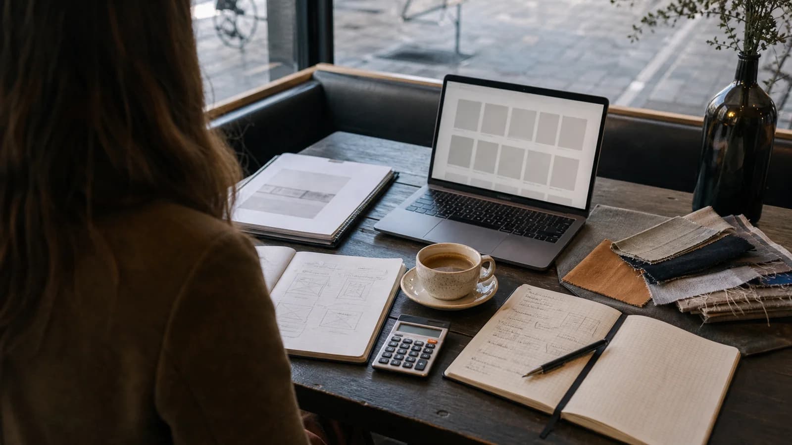 Business owner seen from behind comparing a proposal, sketchbook, website template, notebook, and calculator