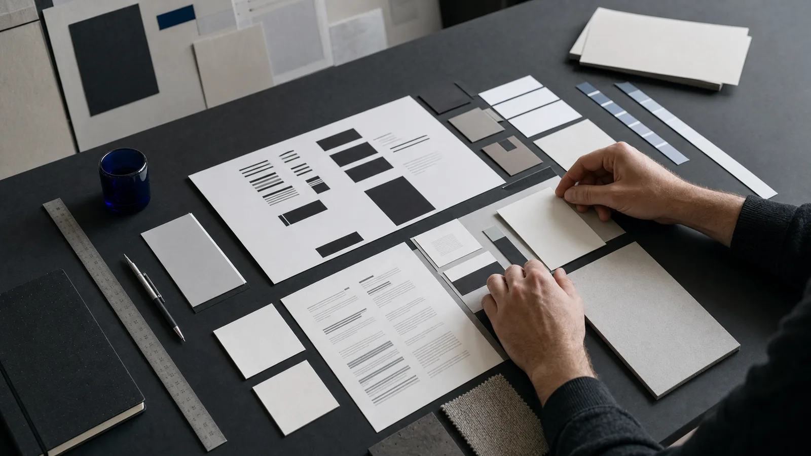 Designer care aliniază componente din hârtie, mostre tipografice și materiale pe o masă întunecată de studio