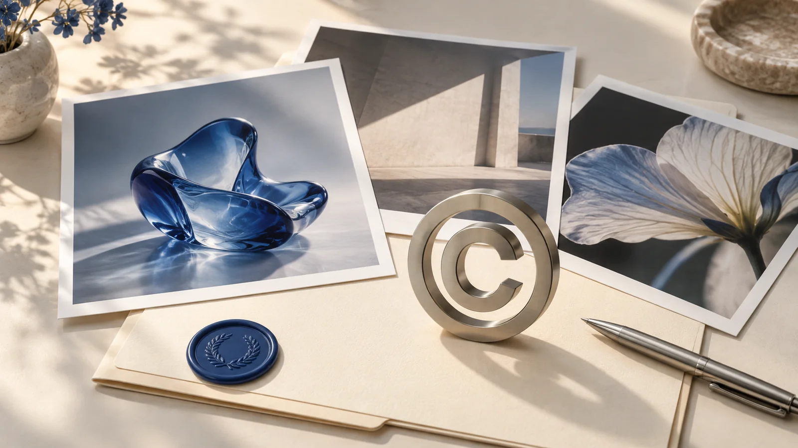Ilustrație generată cu AI: simbol metalic de copyright lângă fotografii tipărite, un dosar și un sigiliu albastru