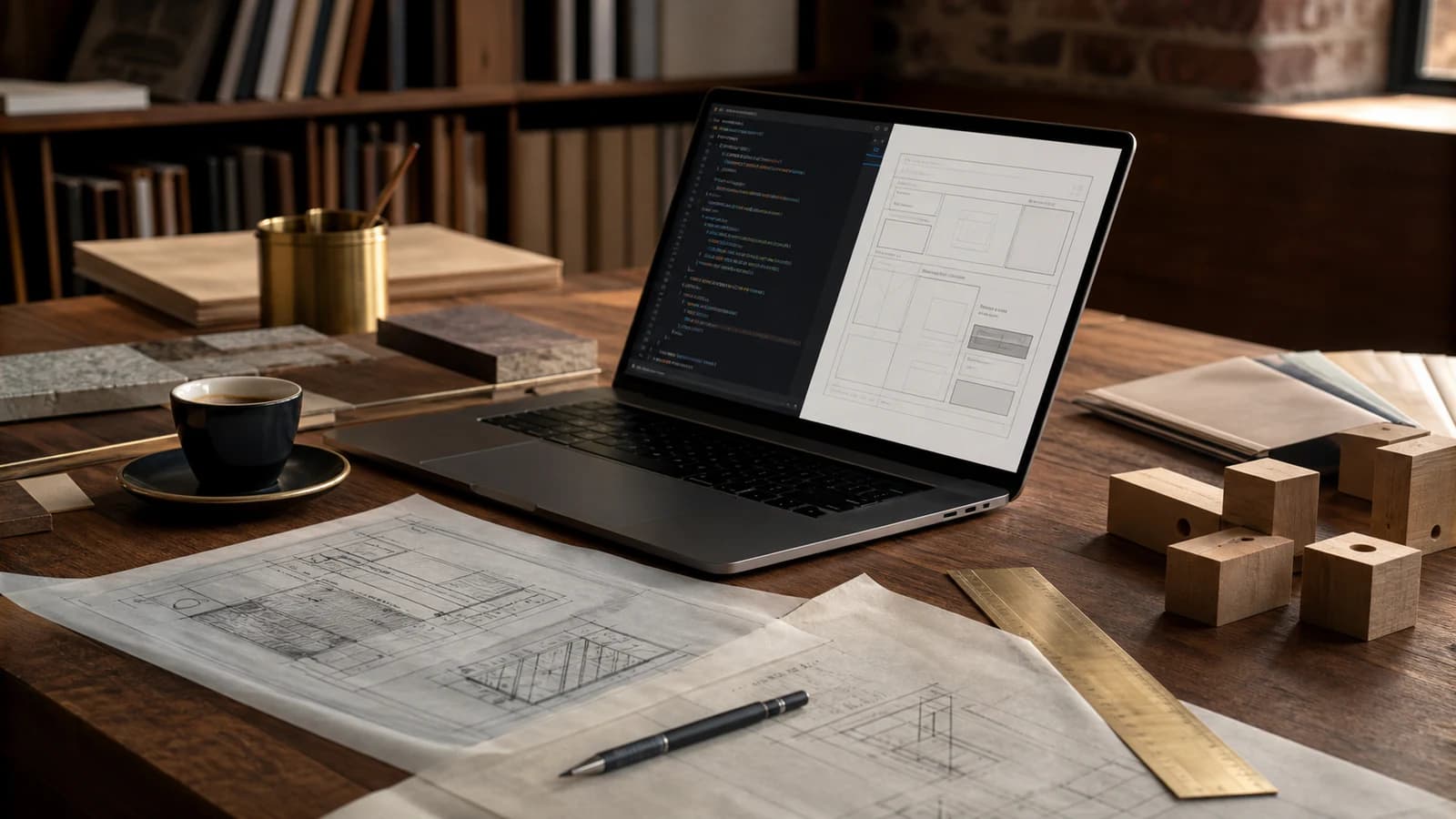 Laptop with code and a custom interface beside architectural plans, a brass ruler, and wooden blocks