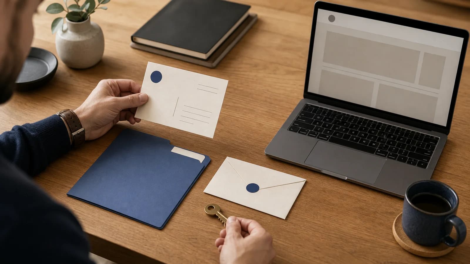 Business owner organizing a domain record, hosting folder, email envelope, key, and laptop