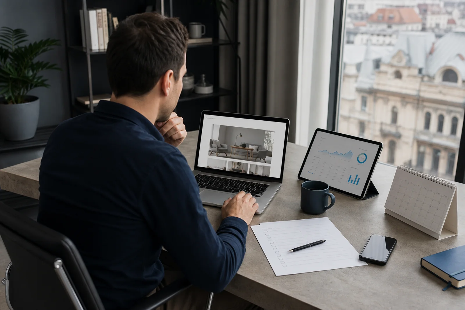 Business owner reviewing a newly launched website, analytics, calendar, and maintenance checklist in a Bucharest office