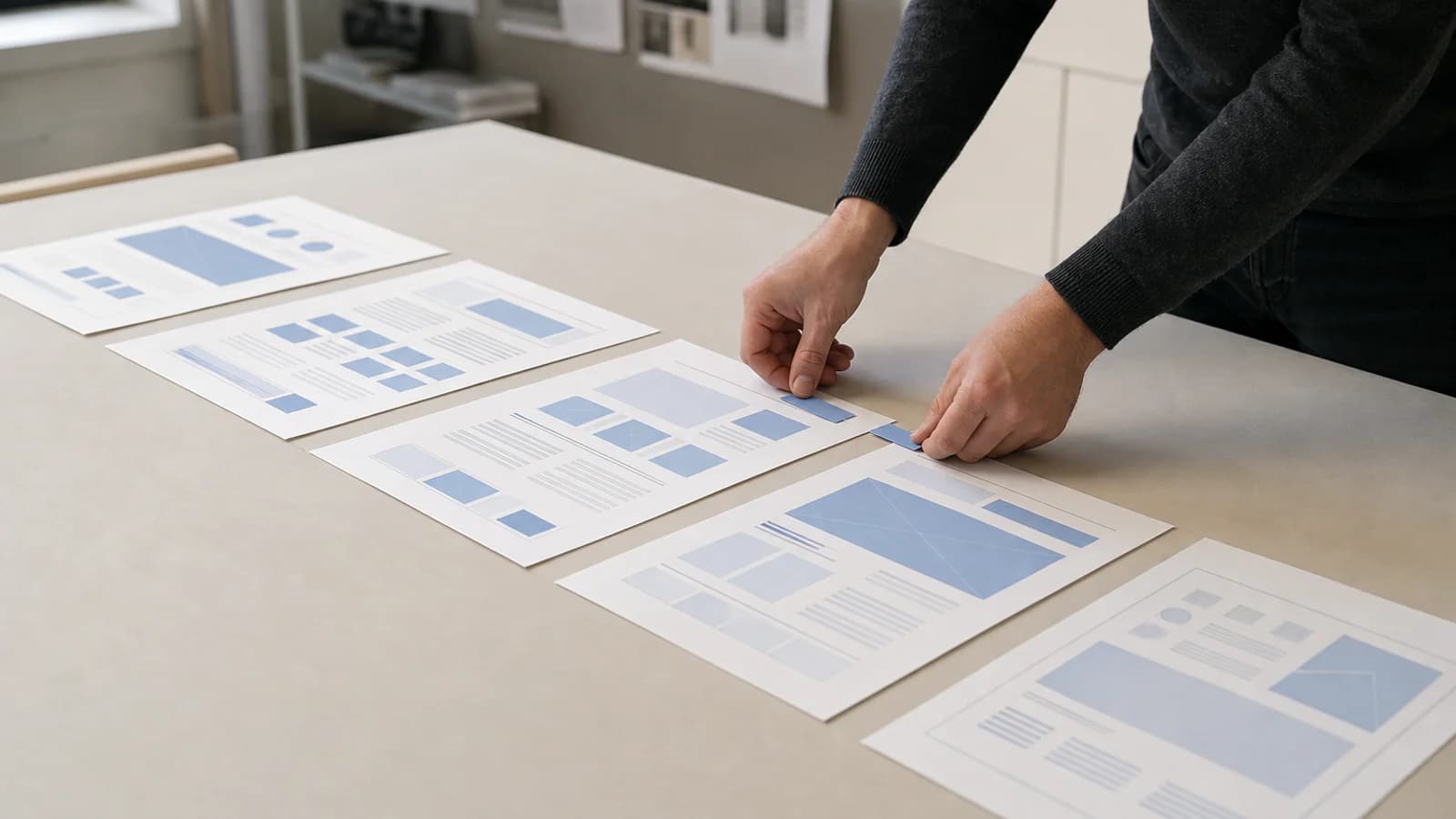 Five printed website page layouts arranged in sequence while hands connect them with blue tabs