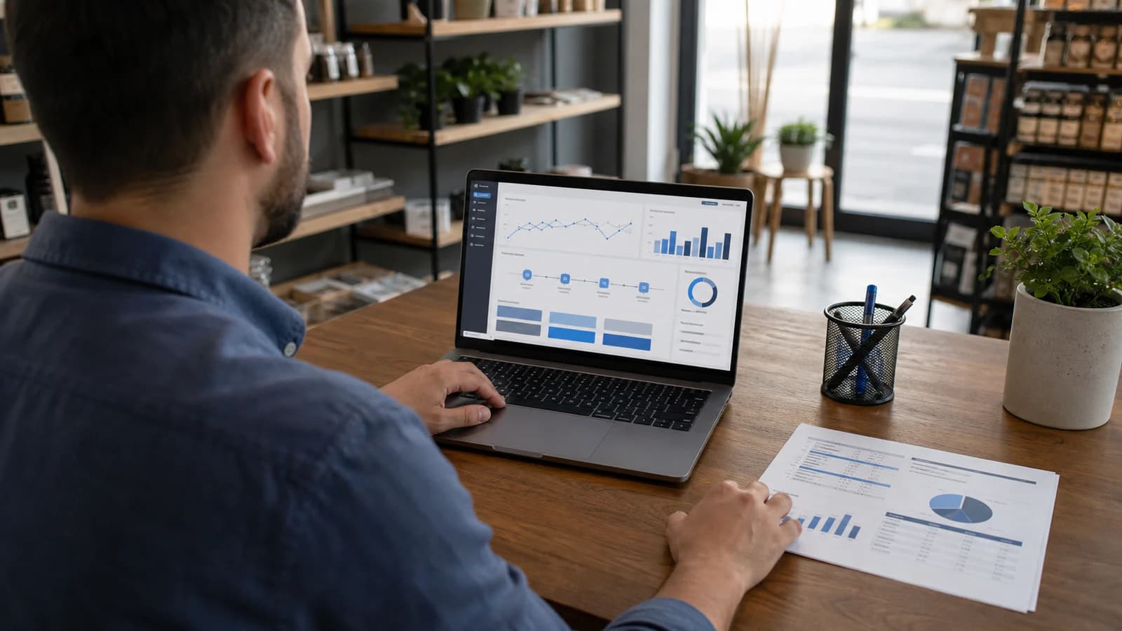 Proprietar care compară datele de performanță de pe laptop cu un raport tipărit înainte să ajusteze bugetul de promovare