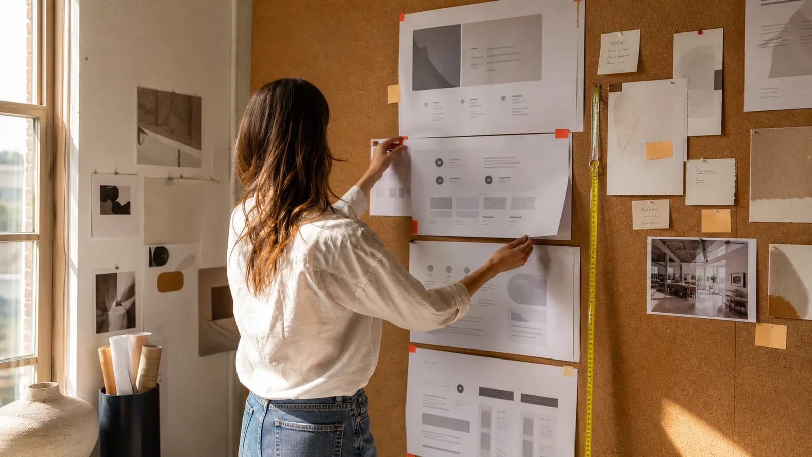 Content strategist seen from behind arranging printed service-page sections on a sunlit studio wall