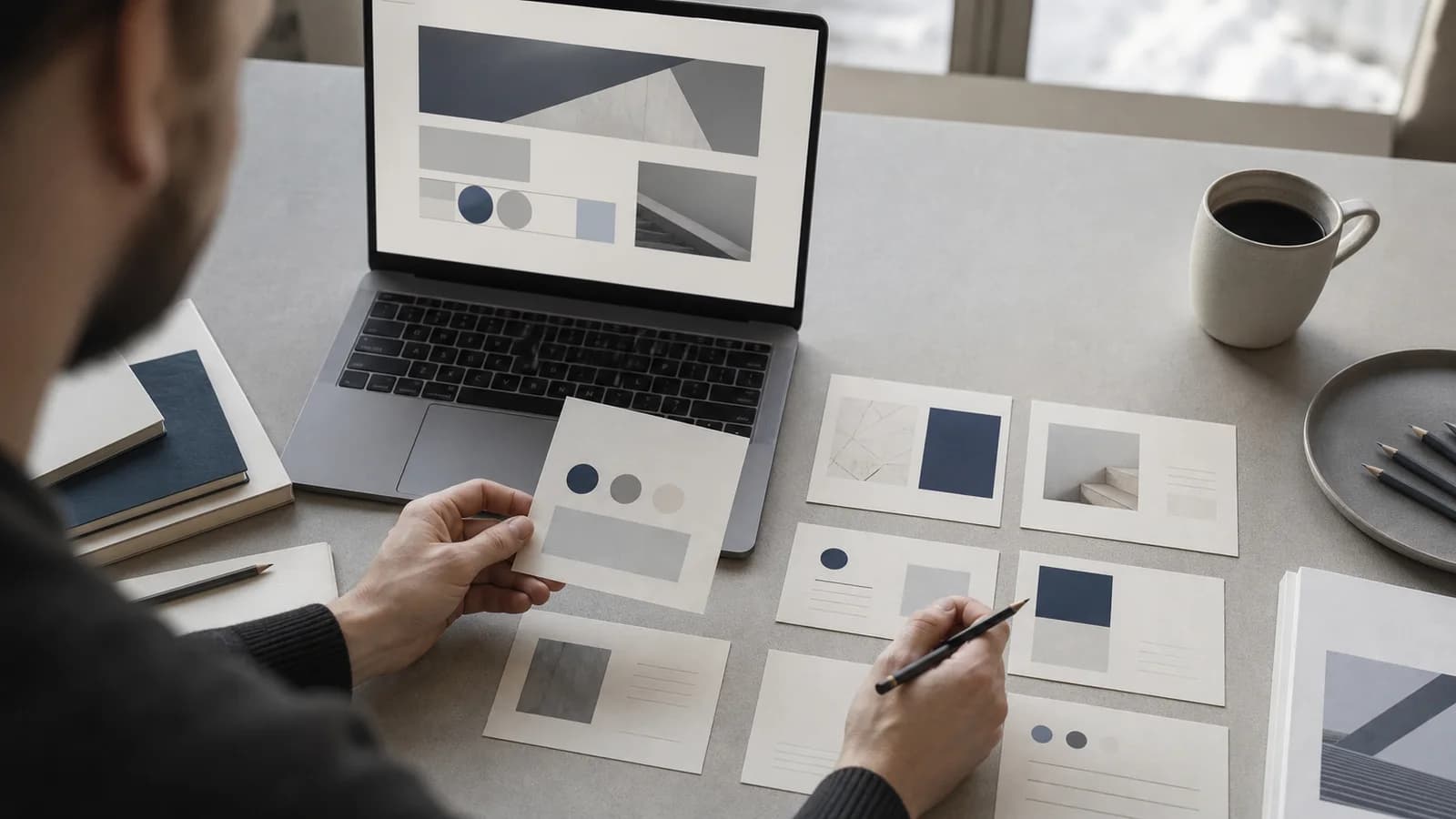 Business owner arranging homepage content cards beside a laptop with an abstract website layout