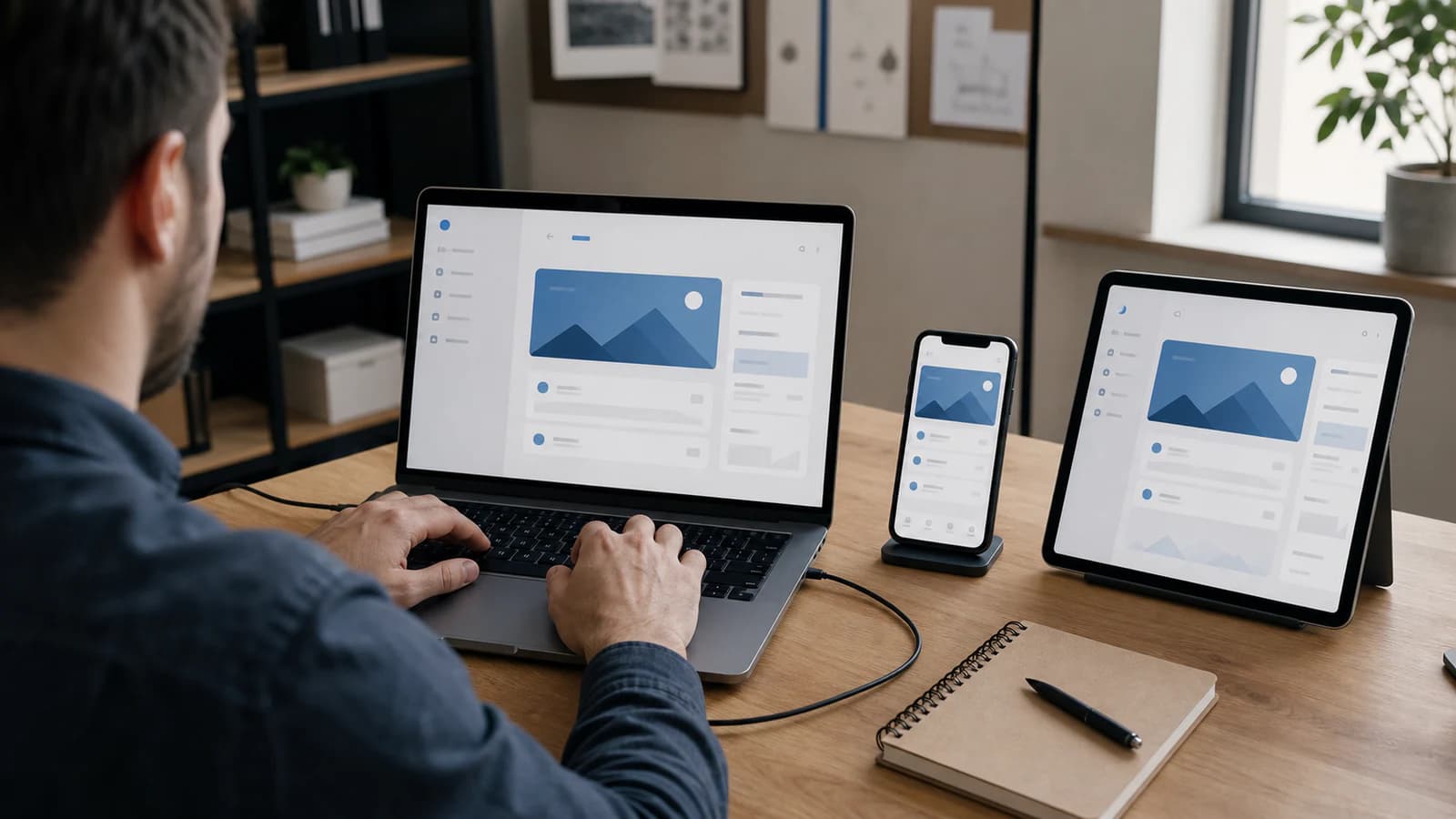 Developer testing a native app across a laptop, smartphone, and tablet in a quiet studio