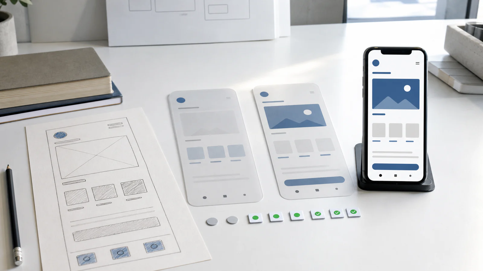 Paper app wireframes, testing markers, and a finished phone arranged as one path from prototype to release
