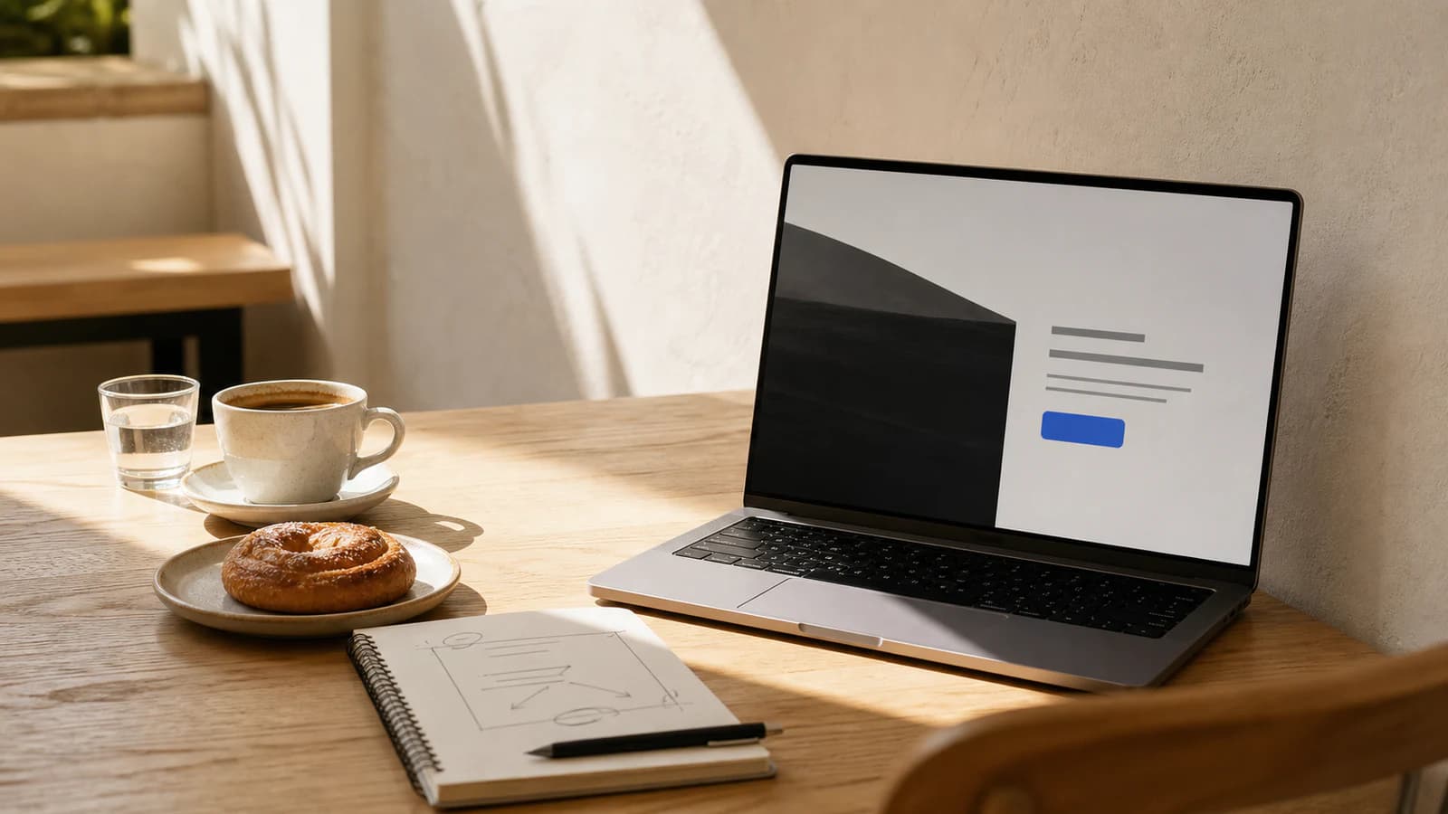 Pagină de campanie minimalistă pe laptop, lângă un espresso, un produs de patiserie și un caiet, într-o cafenea luminată de soare
