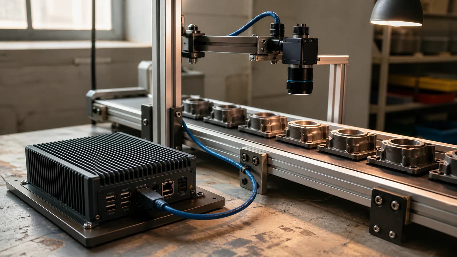 Compact company-owned edge computer processing images from a nearby inspection camera on a workshop line