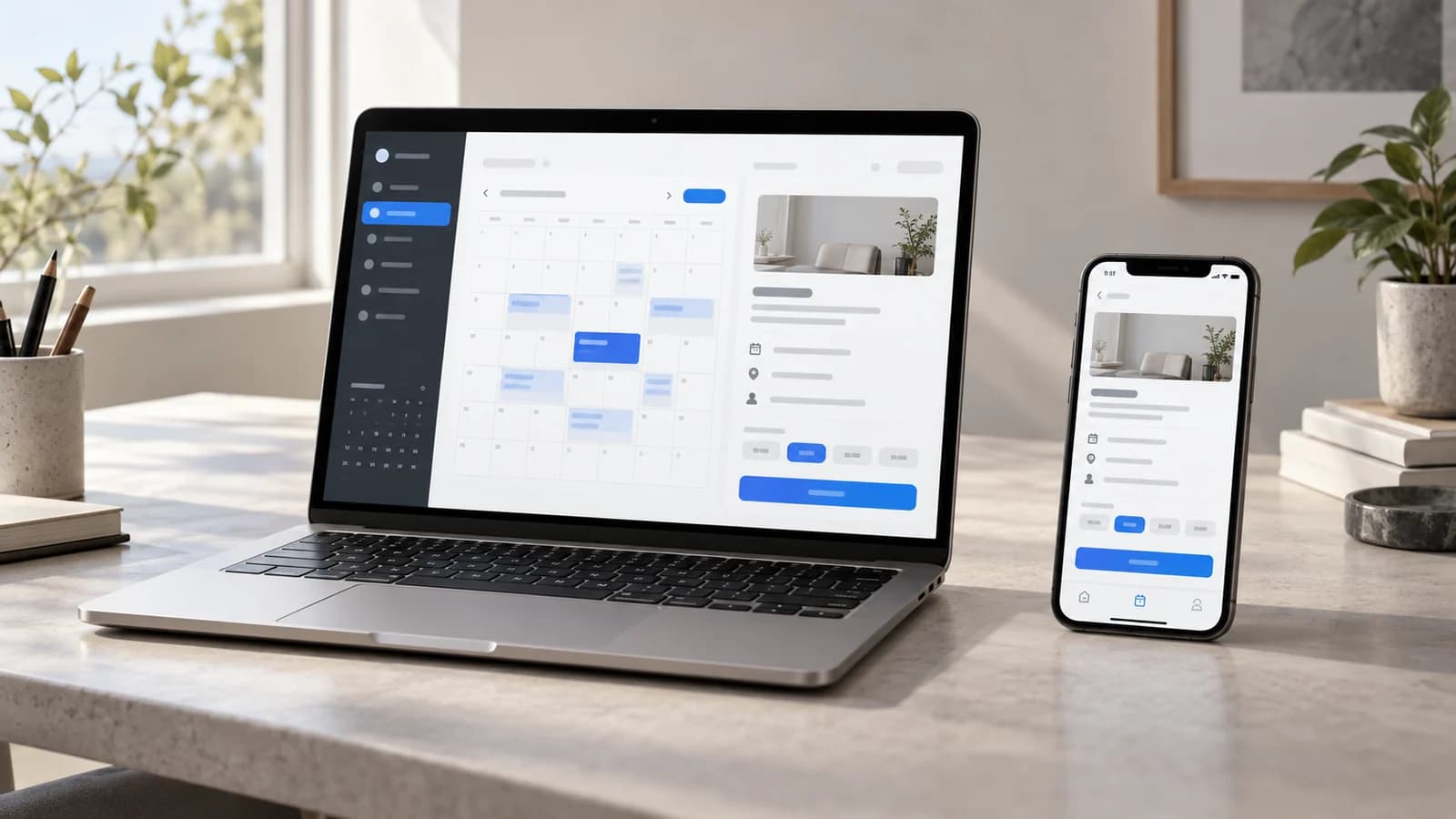 AI-generated editorial illustration of a laptop and smartphone showing different layouts for the same appointment service