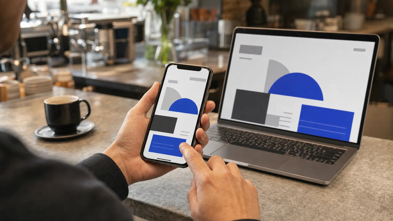 Person testing an abstract responsive business website on a smartphone beside a laptop
