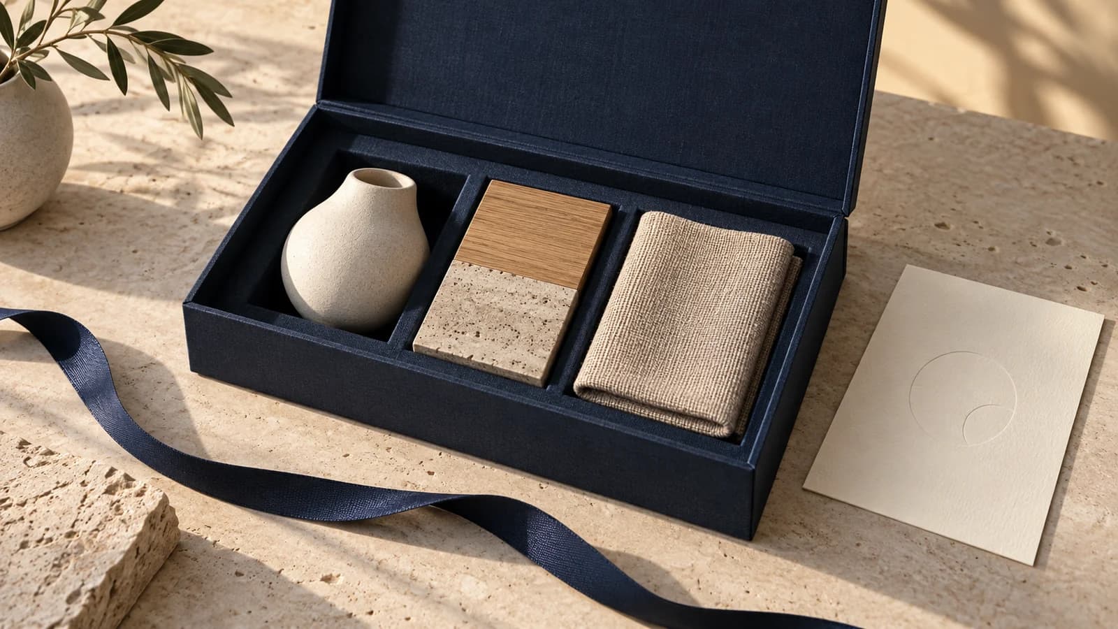 AI-generated still life of a navy presentation box with carefully selected ceramic, stone, wood and linen samples