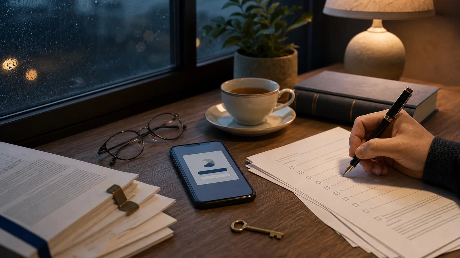 Person reviewing printed privacy documents beside a consent screen on a phone, tea, glasses, and a brass key