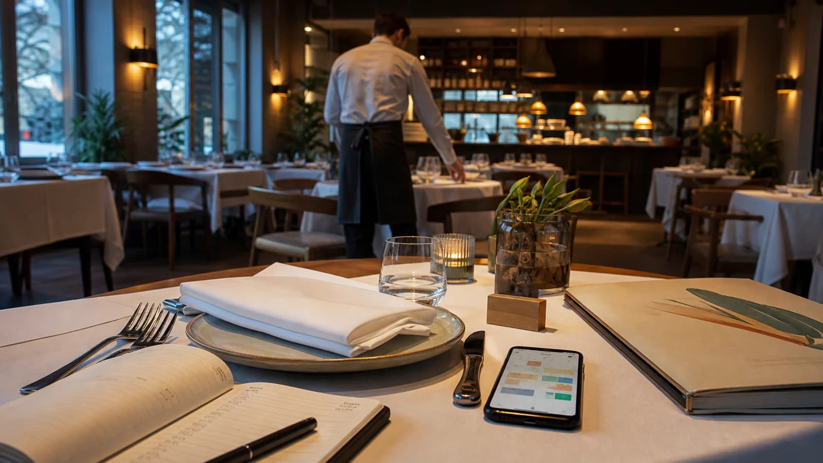 Restaurant table with a menu, reservation notebook, phone, and waiter preparing the dining room in the background
