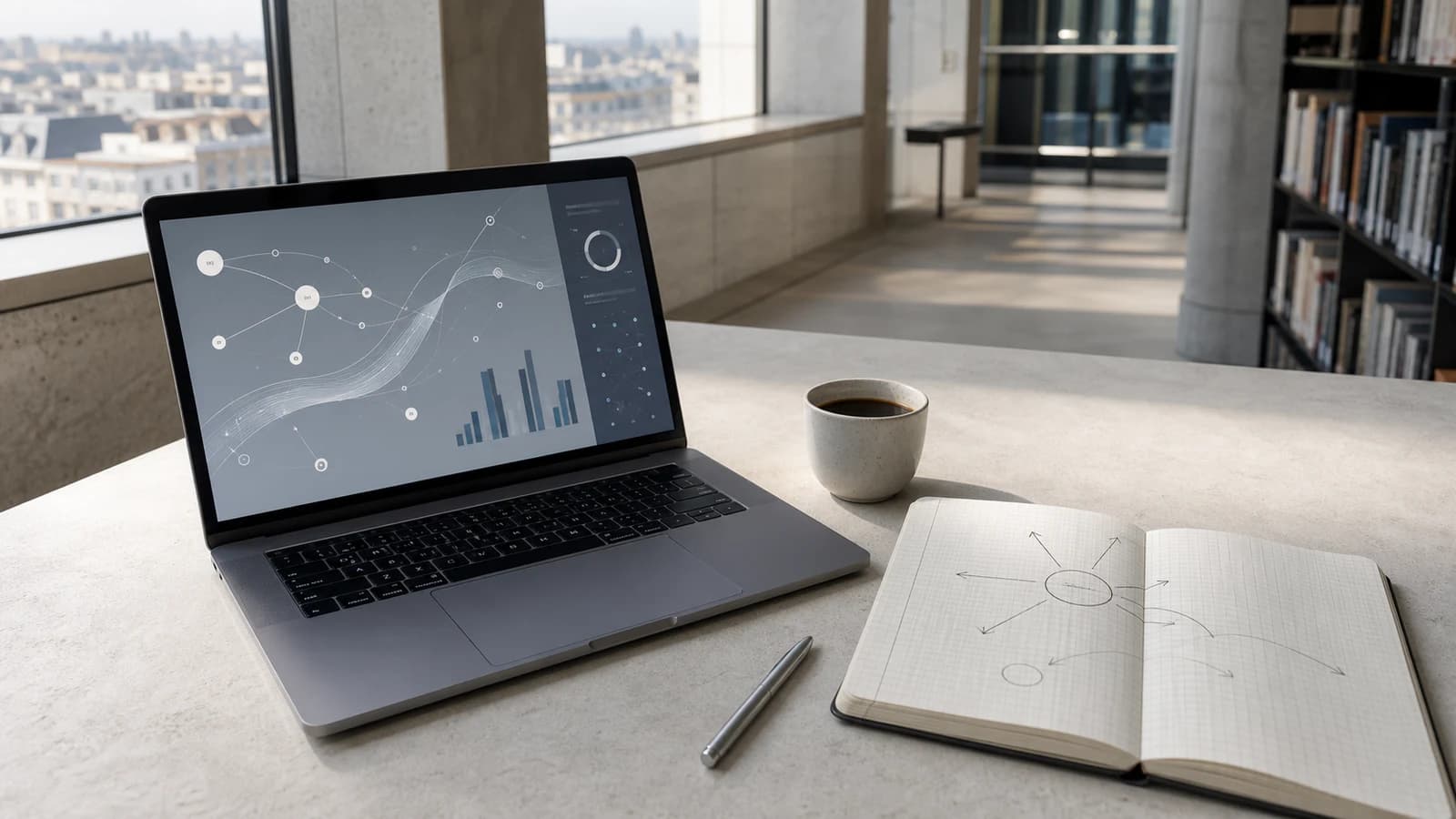 Laptop cu trasee de căutare și grafice, lângă un caiet cu pătrățele și o cafea, într-o bibliotecă liniștită