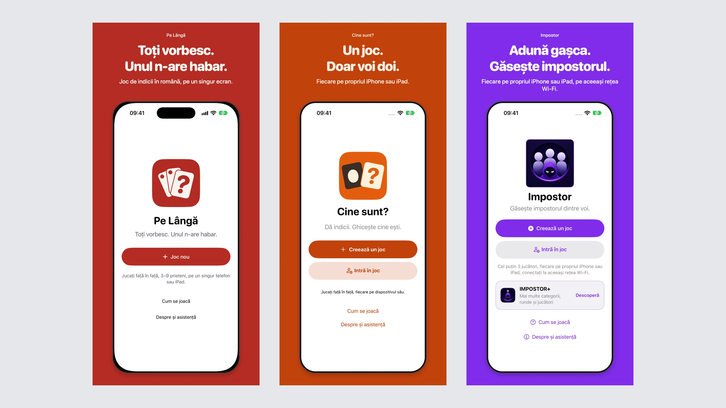 App Store artwork for Pe Lângă, Cine sunt? and Impostor, using each game’s red, orange and purple visual identity