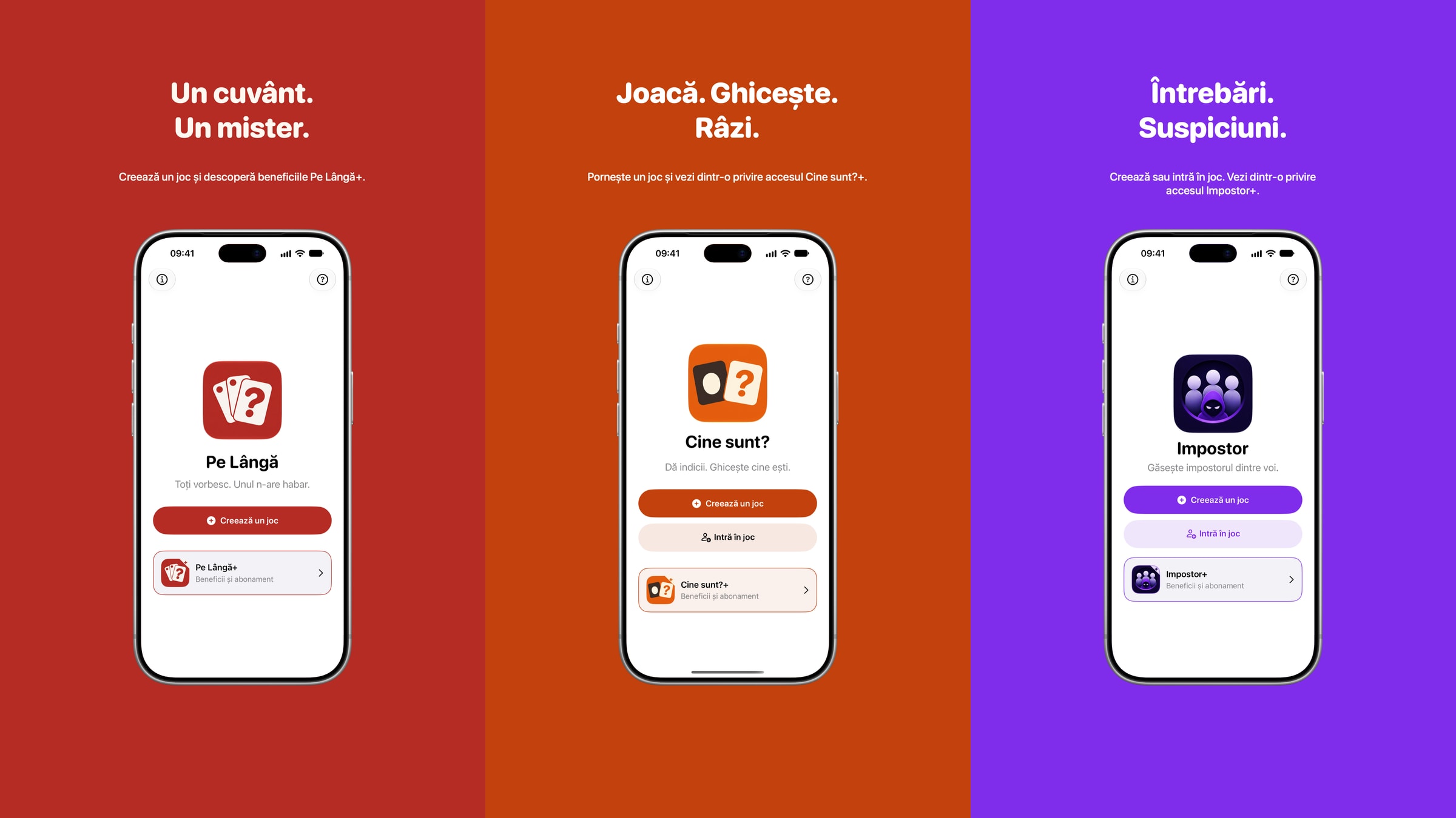 Presentation artwork for Pe Lângă, Cine sunt? and Impostor, using red, orange and purple backgrounds with native app views
