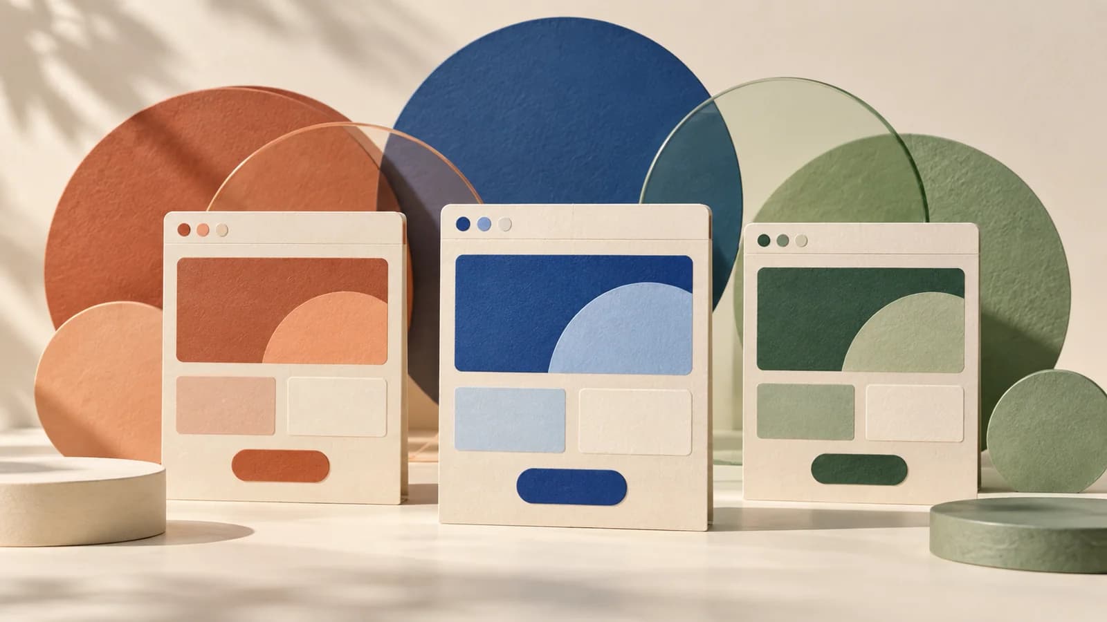 AI-generated paper illustration of three website layouts in terracotta, blue and green, surrounded by matching circles