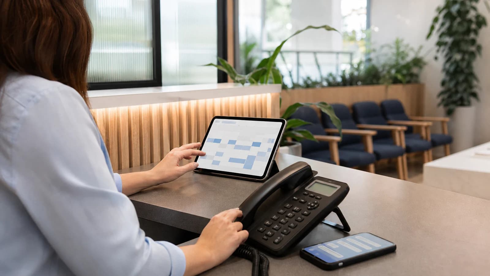 Receptionist seen from the side using a booking calendar beside a telephone and messaging phone