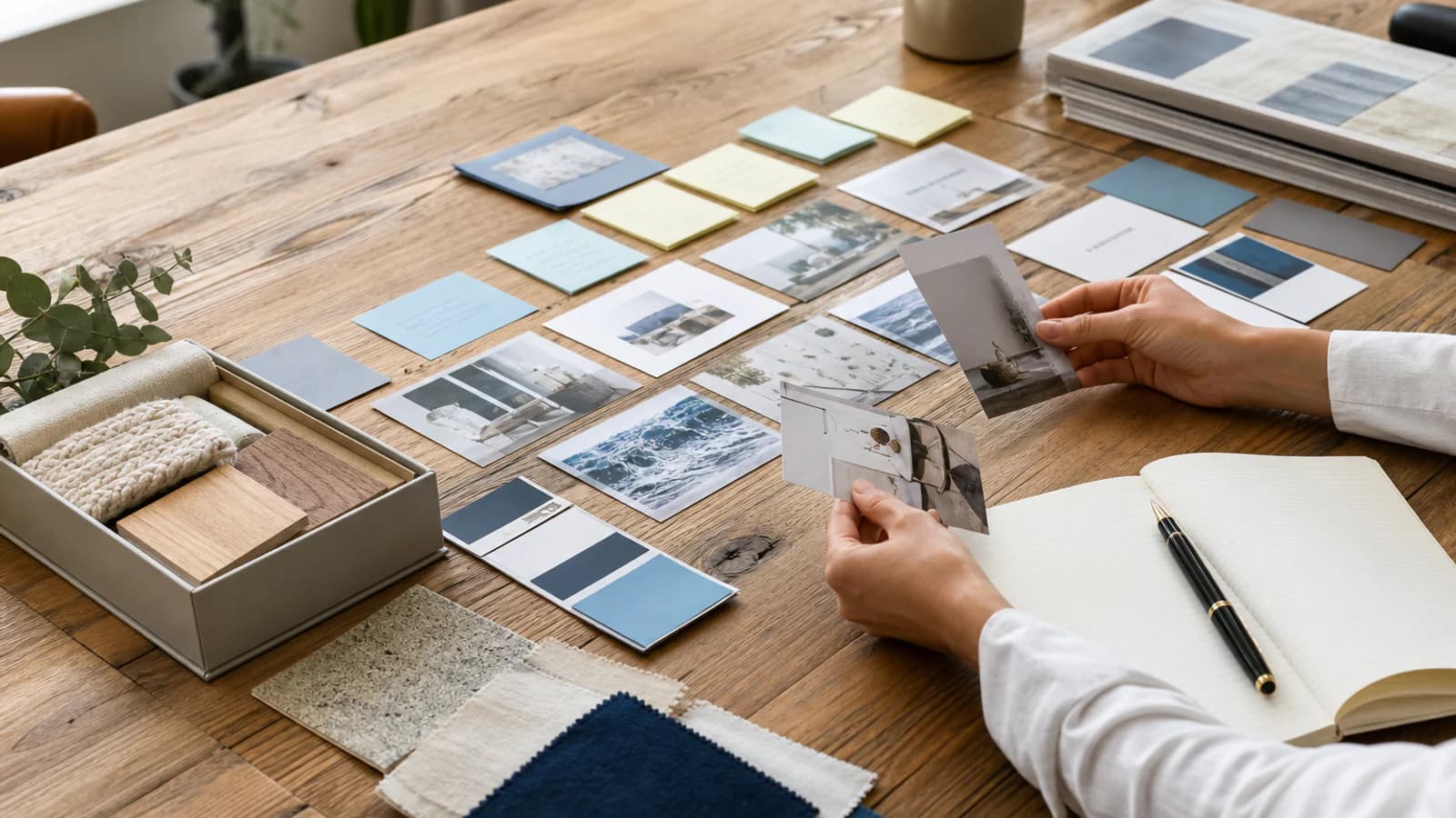 Hands sorting photographs, material samples, color swatches, notes, and a blank notebook on a studio table