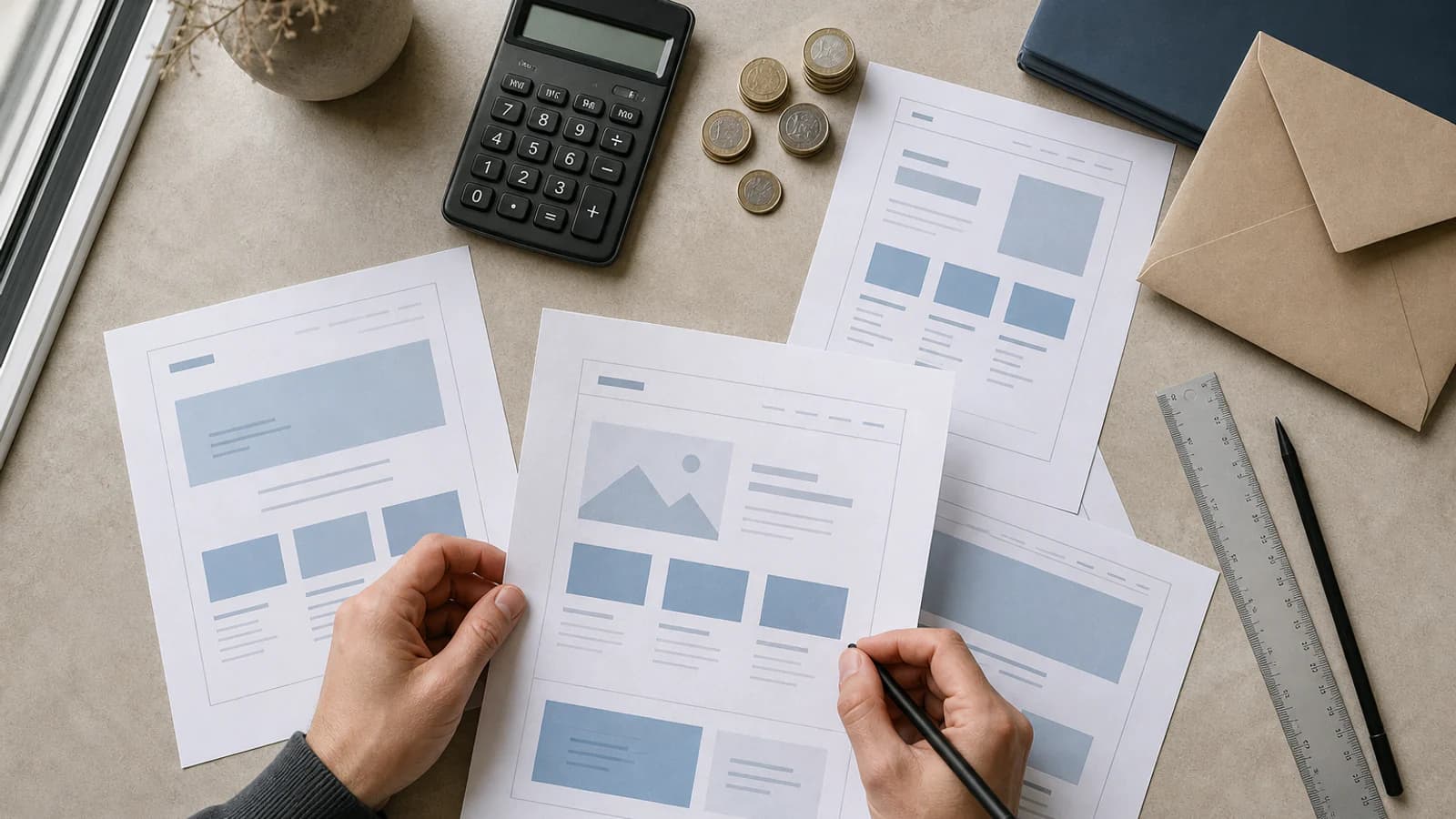 Hands reviewing website wireframes beside a calculator, euro coins, ruler, and project envelope