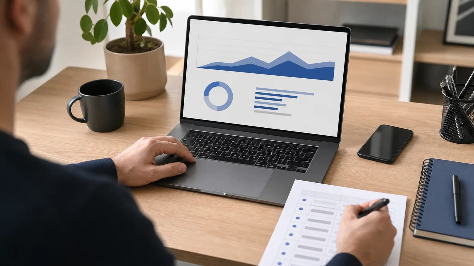 Business owner reviewing an abstract website performance dashboard and a lead tracking sheet