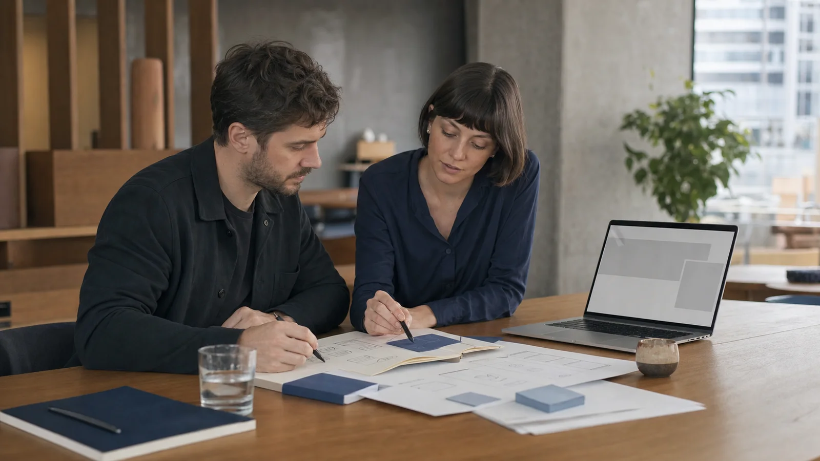 Proprietar de afacere și consultant care pregătesc cererea unui proiect cu laptop, notițe și schița site-ului