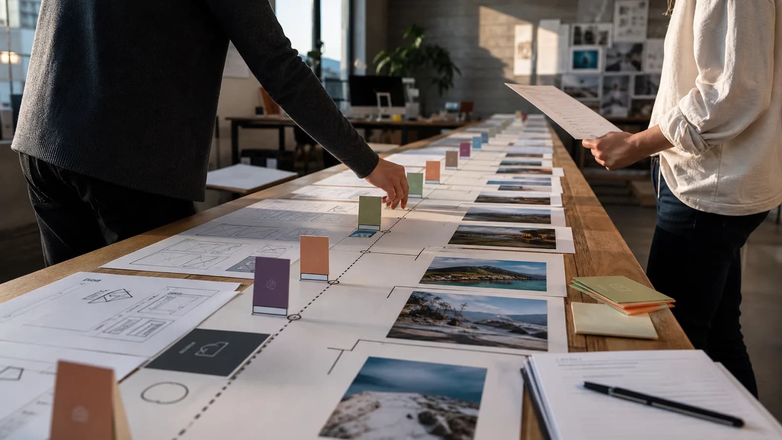 Two collaborators arranging wireframes, photographs, and milestone markers along a long project timeline