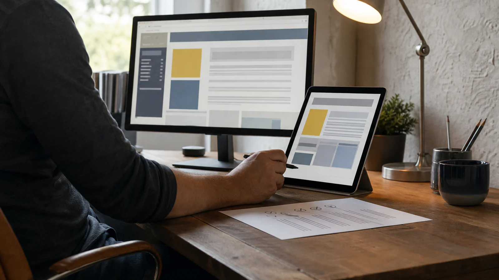 Designer văzut din lateral, comparând o pagină veche de desktop cu o variantă mai clară pe tabletă
