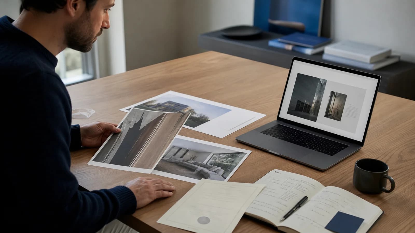 Business owner reviewing project photographs, notes, and an abstract case study on a laptop
