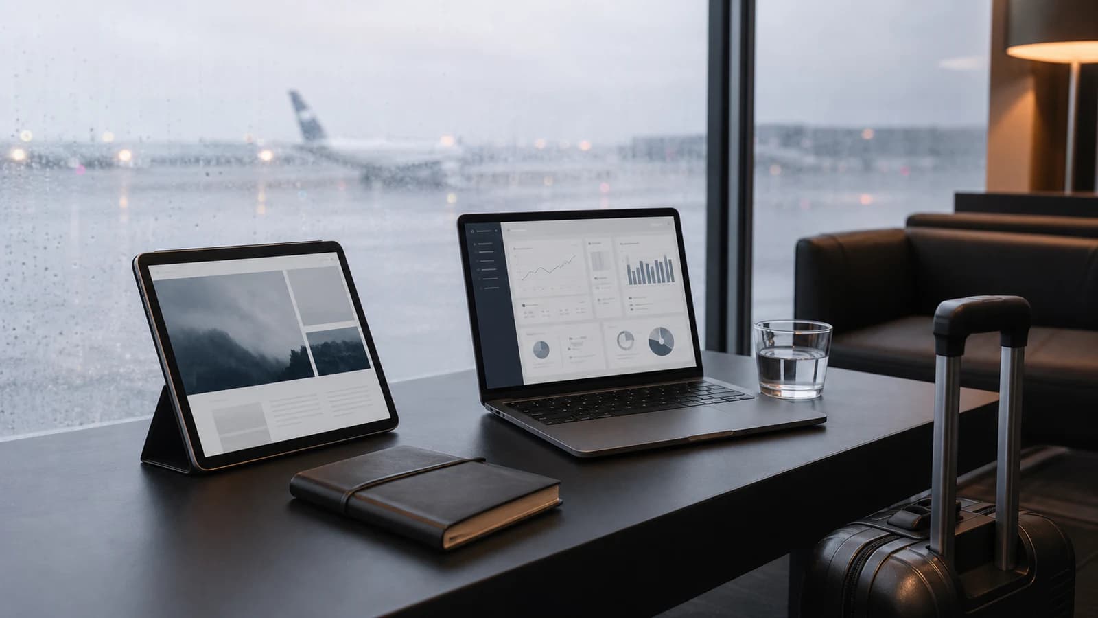 Tabletă cu un site editorial lângă un laptop cu panou de administrare, într-un lounge de aeroport ploios