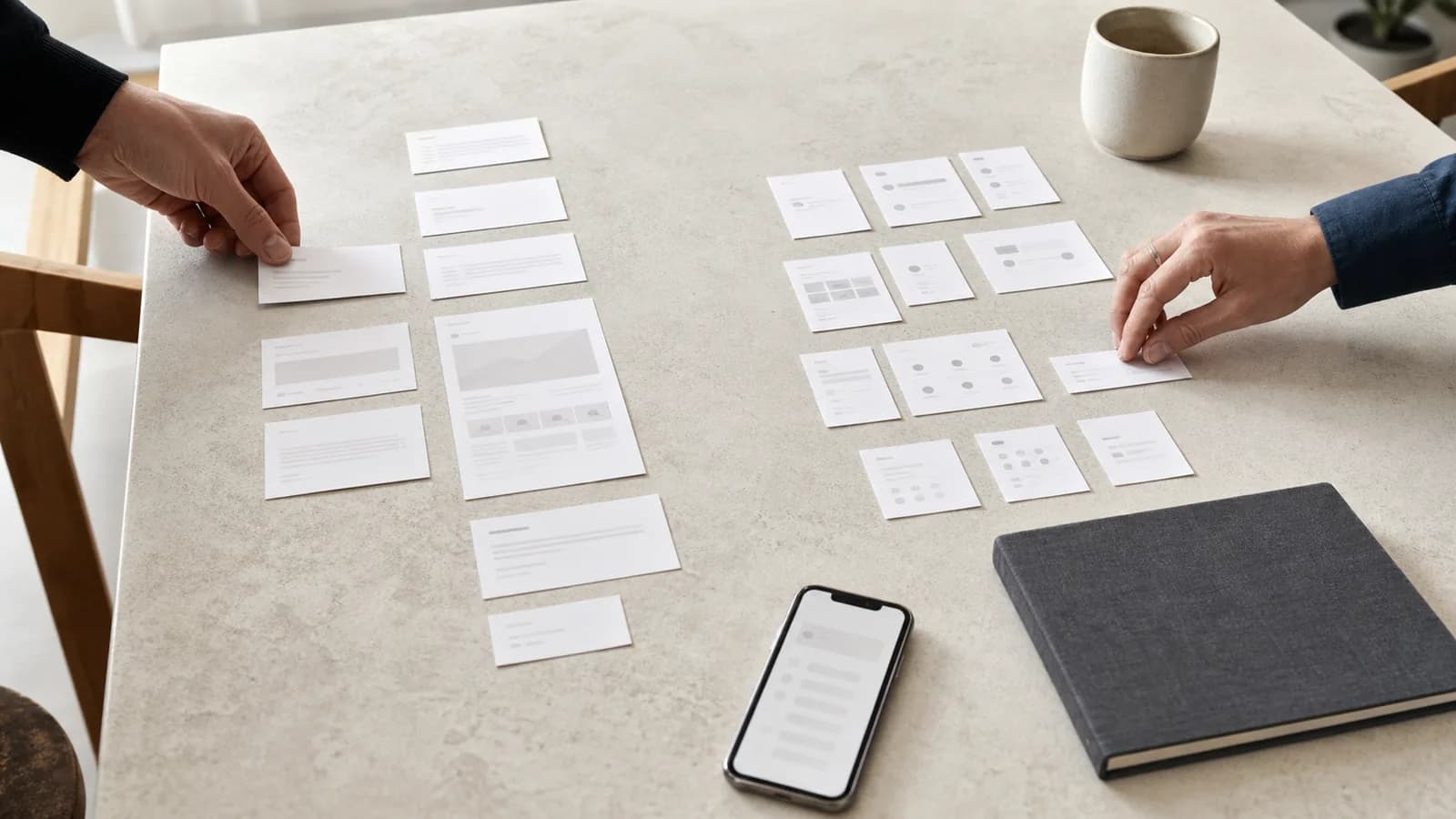 Two people arranging paper interface cards for a website and a web application on a bright studio table