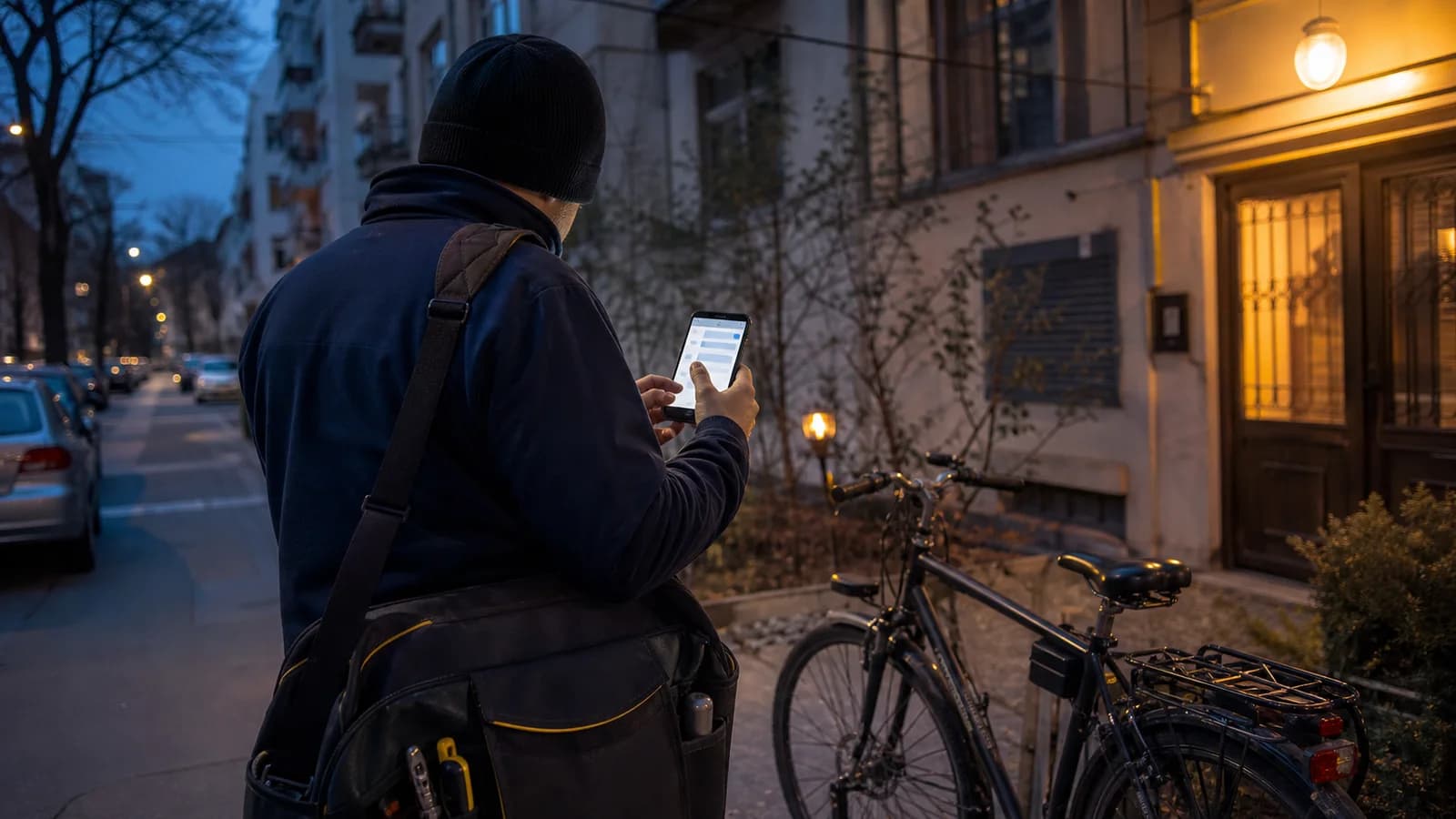 Field technician seen from behind using a mobile task app beside a bicycle on a Bucharest street