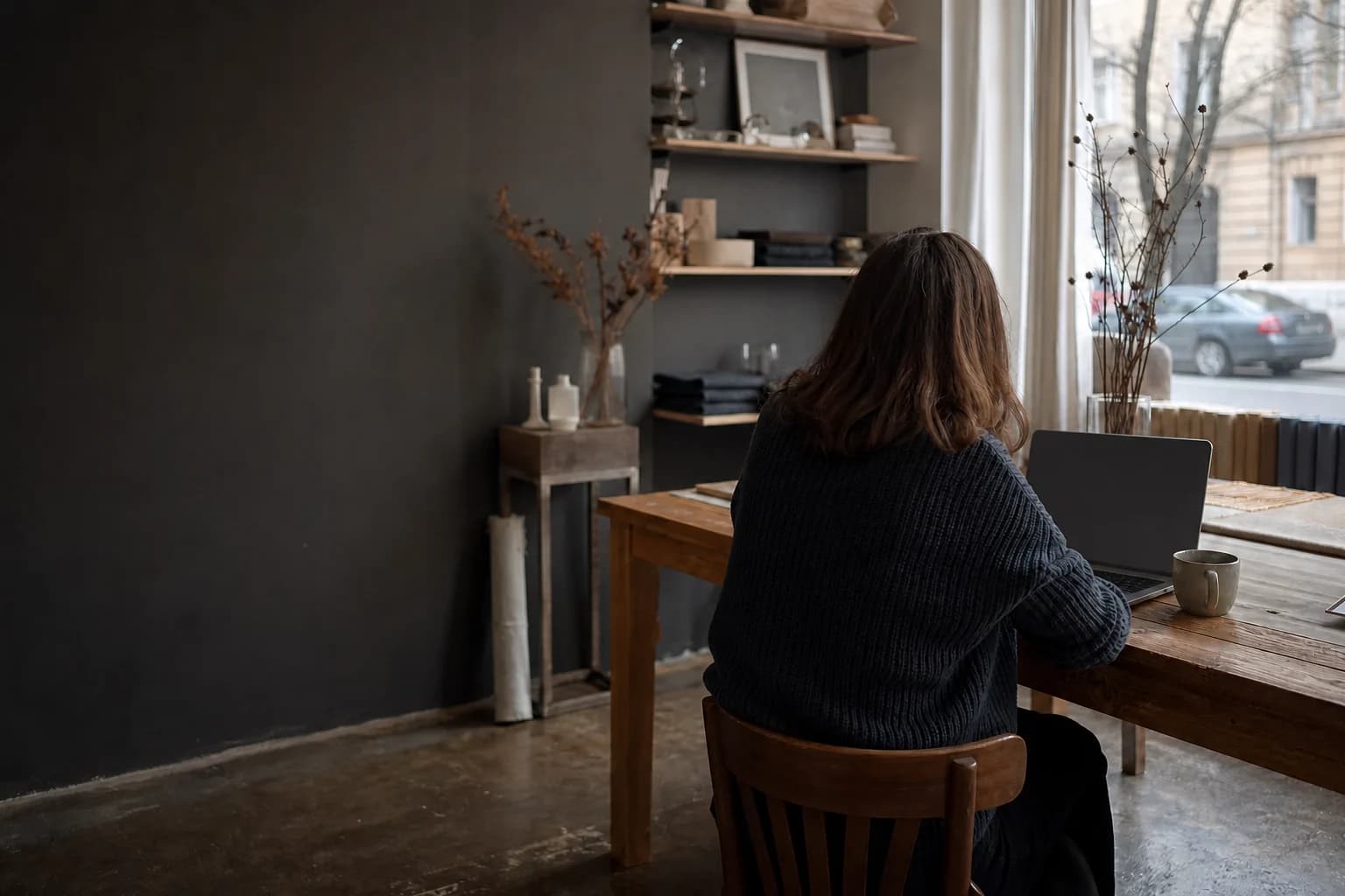 A local business owner photographed from behind while working on a laptop