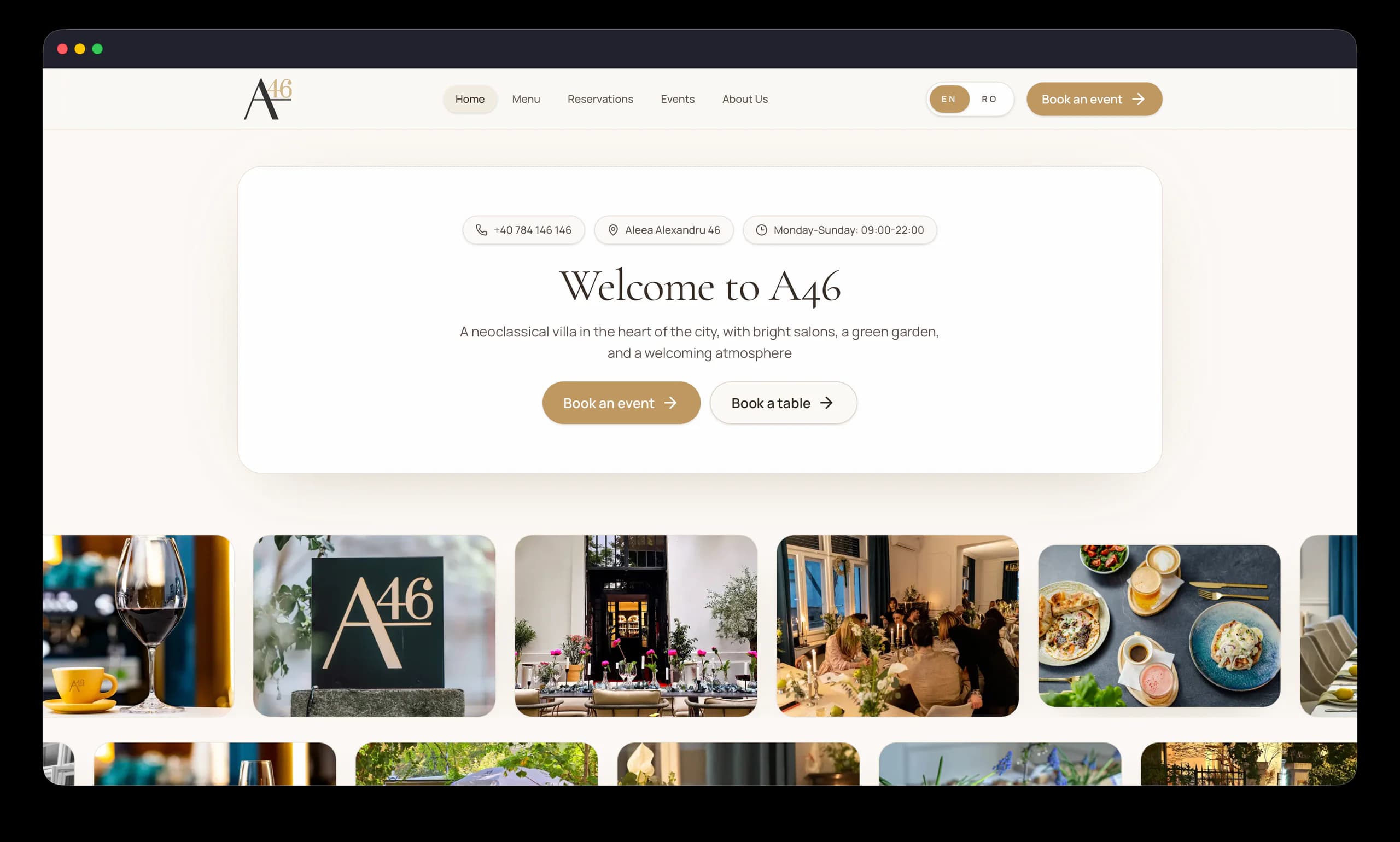 A46 restaurant website displayed in a Safari browser window