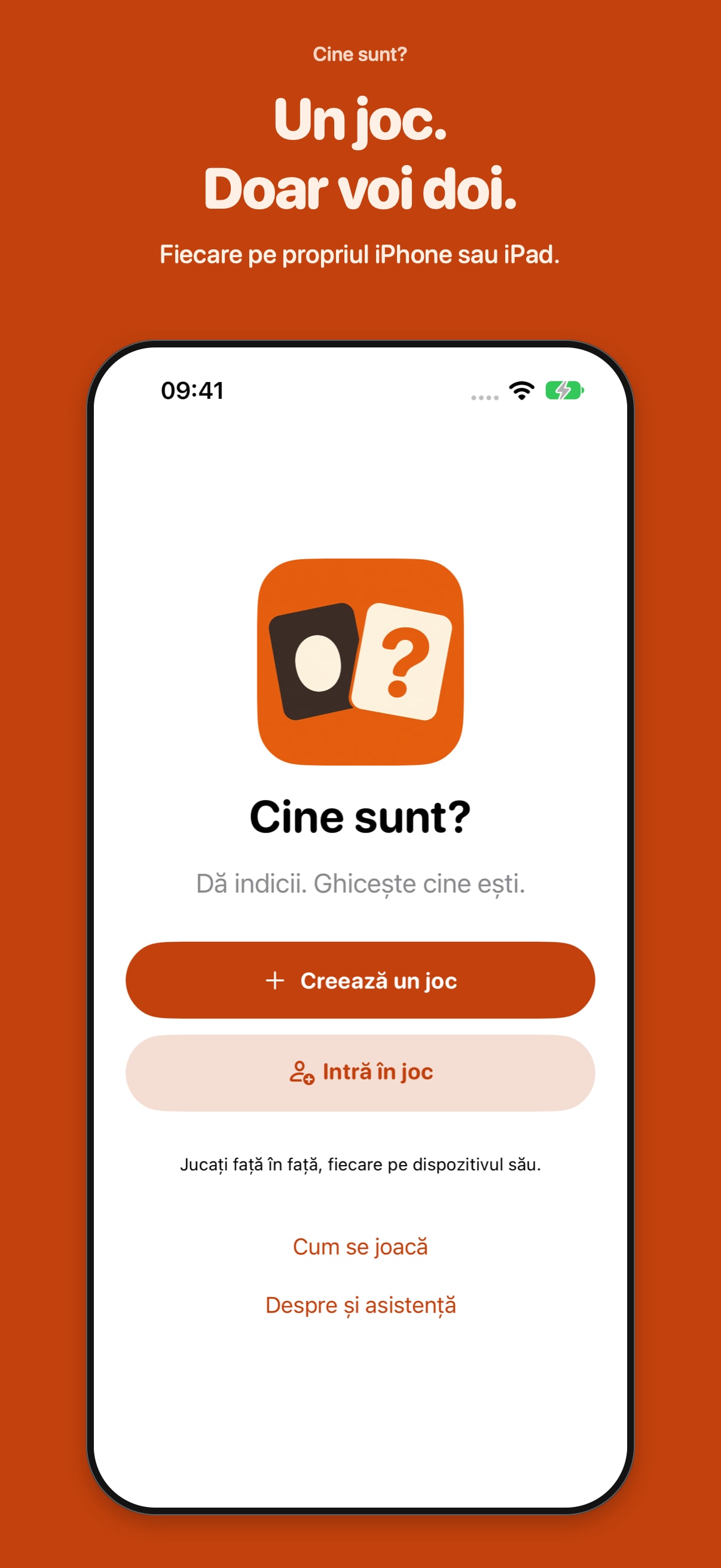Material App Store Cine sunt? cu ecranul principal, pictograma și acțiunile de creare sau intrare în joc