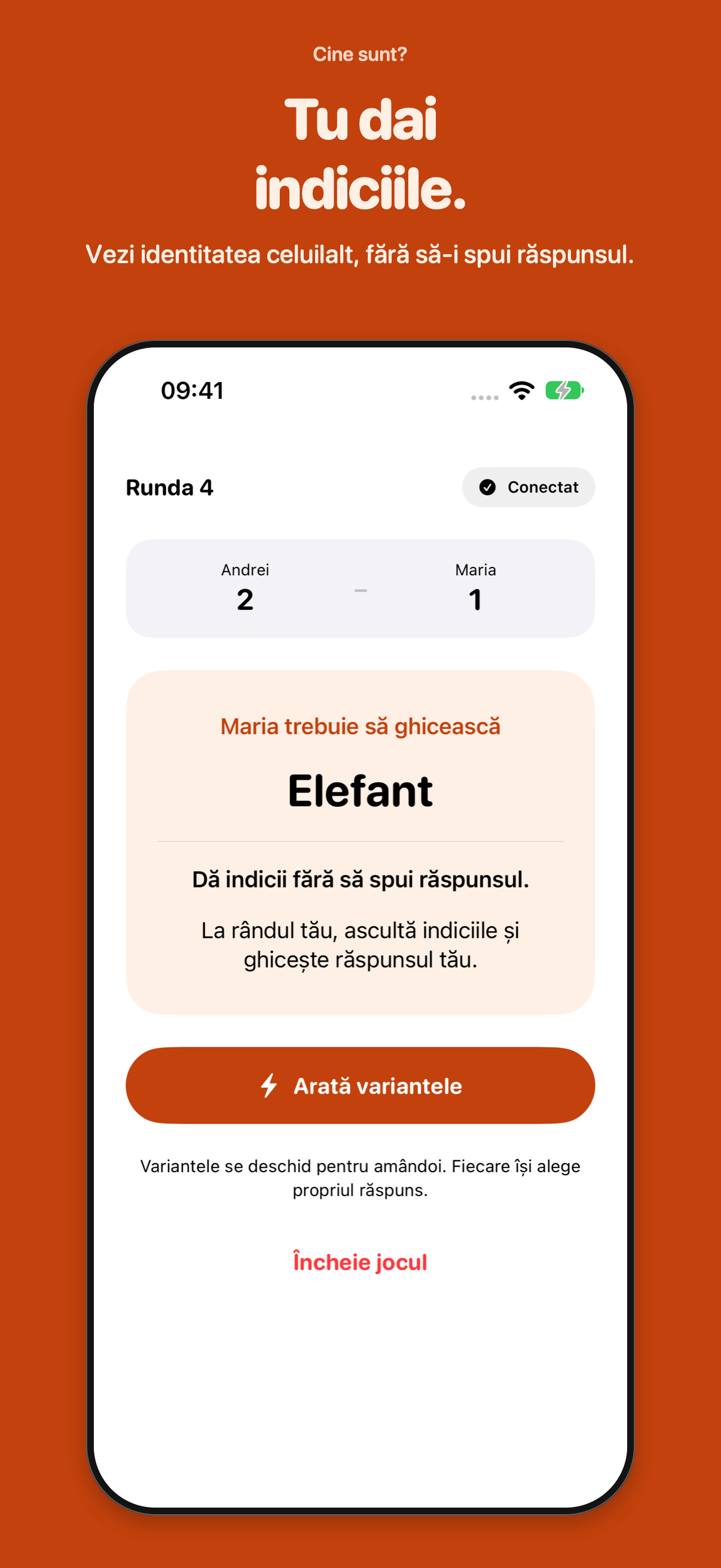 Ecran de joc Cine sunt? cu identitatea Elefant pentru Maria și butonul de afișare a variantelor